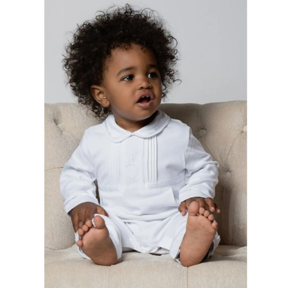 Carriage Boutique Cross Embroidered Christening Romper & Newsboy Cap Set White 9